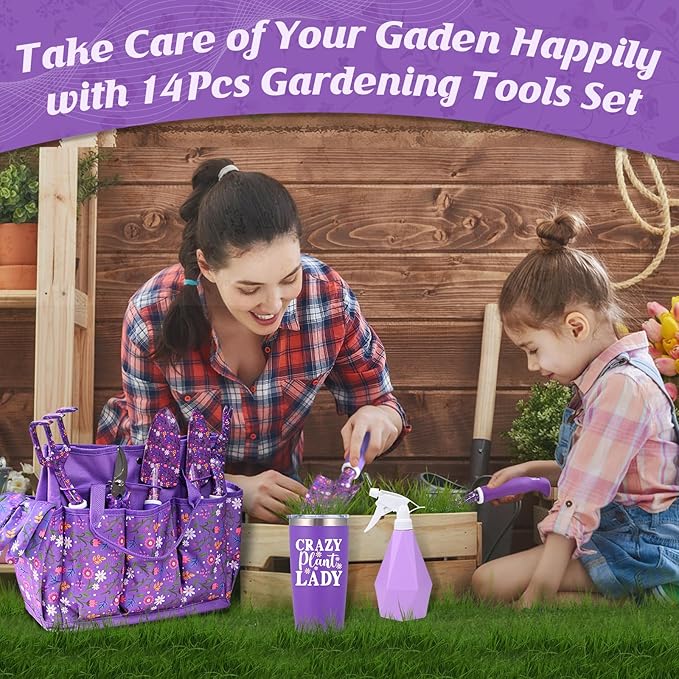 Gardening Gifts for Women, Gardening Tools for Women, 14 PCS Garden Tools Set Kit with Garden Tool Bag, Plant Lover Gifts Birthday Gifts for Mom Grandma Aunt (Purple)