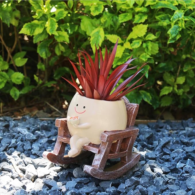 Smiley Face Planters for Indoor Plants, Cute Head Resin Rocking Chair Plant Pots, Funny Small Pots for Plants with Drainage Hole for Home Decor (Drinking Coffee)