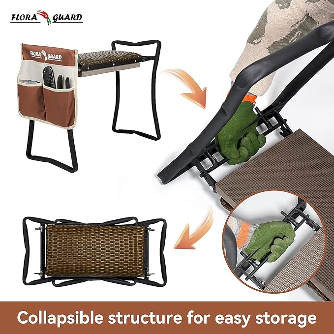 FLORA GUARD Garden Kneeler and Seat, Heavy-Duty Foldable Garden Kneeling Pad, High Breathability Artificial Rattan Shaped Cushion with Tool Bags, Gardening Gift for Gardeners and Seniors