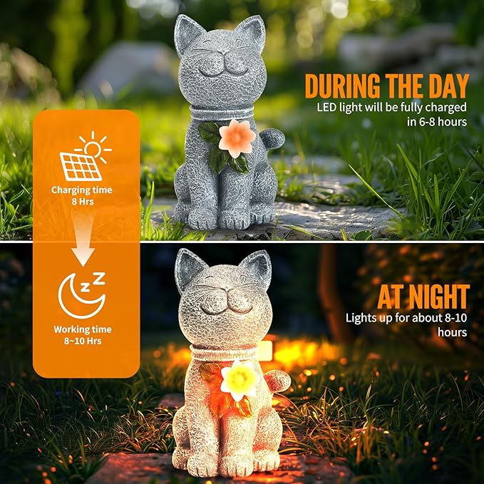 Solar Garden Statue Cat Figurine - Solar Cat Outdoor Statues, Waterproof Resin Cat Sculpture for Yard, Patio, Lawn, and Garden Decoration for Garden Mom Grandma
