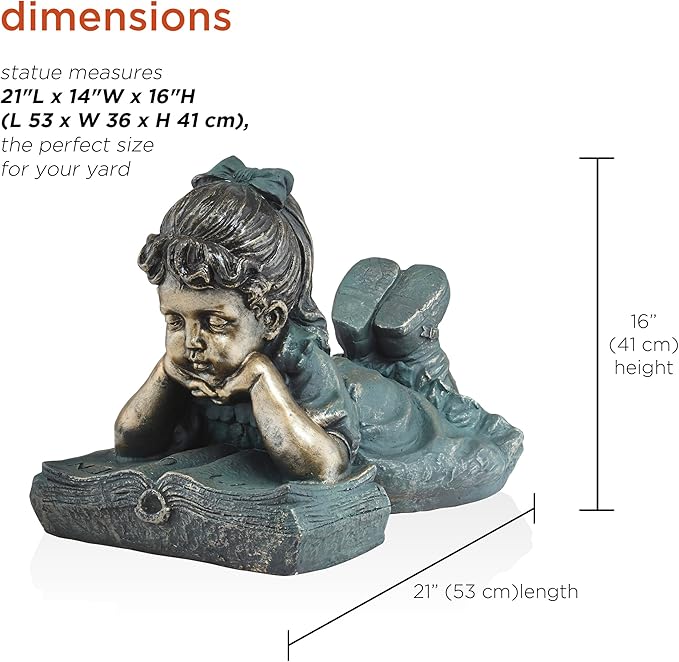 Alpine Corporation 16" Tall Indoor/Outdoor Girl Laying Down Reading Book Statue Set Yard Art Decoration