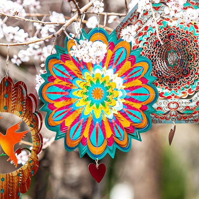 SteadyDoggie Wind Spinner Mandala Flame 12 inches - 3D Stainless Steel - Laser Cut Metal Art Geometric Pattern - Yard Spinners Outdoor - Hanging Wind Spinner, Kinetic Yard Art Decorations