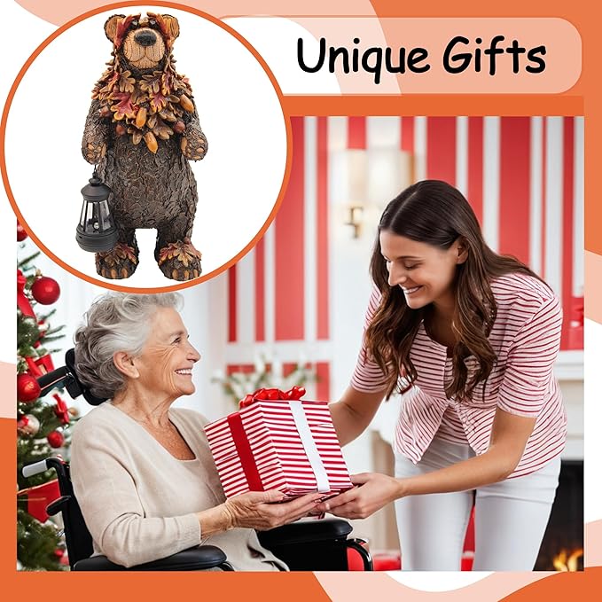 Solar Garden Statue Bear Figurine, Garden Art Outdoor Statues with Solar Lantern, Loving Bear for Patio, Balcony, Yard, Lawn, Unique Housewarming Gifts