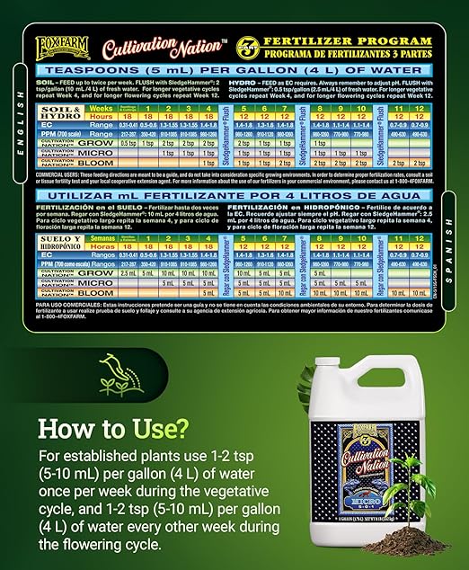 FoxFarm Cultivation Nation Micro Liquid Fertilizer - Micronutrients for Strong Plant Development, Ideal for Soil, Hydroponics & Aeroponics - Part 2 of 3-Part Feeding Program- NPK 5-0-1 (Gallon)