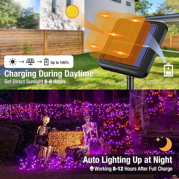btfarm 4 Pack Solar Halloween String Lights Outdoor, 480LED 156Ft Orange Purple Solar Lights Waterproof Outside, 8 Modes Tree Twinkle Light Solar Powered for Garden Yard Patio Party Decorations