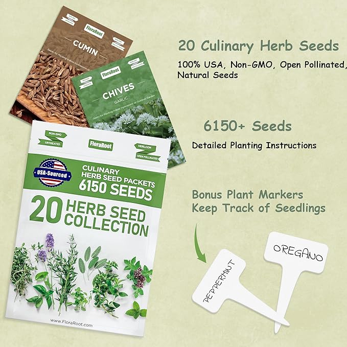 20 Culinary Herb Seeds Variety Pack, Non-GMO, Heirloom Collection with 6150+ Seeds for Indoor Hydroponic or Outdoor Garden Gift for Gardeners, New Home Housewarming Kitchen Live Plant Starter