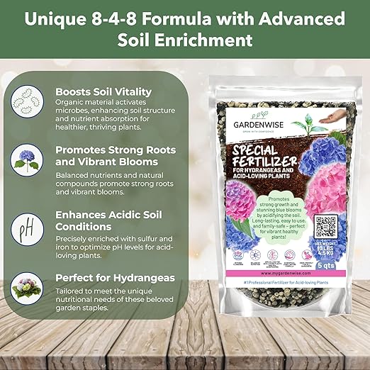 Slow Release Hydrangea Fertilizer with Iron & Sulfur – Indoor & Outdoor Soil Acidifier for Miracle Growth (3 qt)