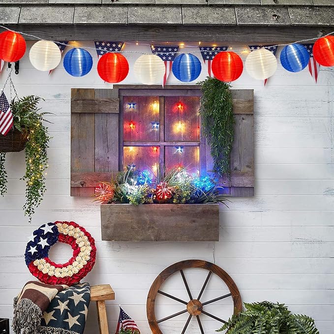 25FT Red White Blue Lantern String Lights Plug in, Large Lantern 4th of July Decor Lights with 10 G40 LED Bulbs, Chinese Hanging Outdoor Patio Lanterns for Independence Day Memorial Patriotic Party
