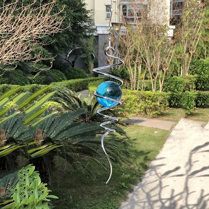FONMY Gazing Ball Spiral Tail -Decorative Wind Spinner 11" inch Tail and 2" inch Glass Orb. Indoor Outdoor Garden Decoration Silver Blue -13 inch Height