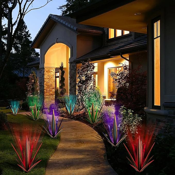 Large Tequila Rustic Sculpture, Rustic Metal Agave Plants for Outdoor Patio Yard, Home Decor Hand Painted Metal Agave Garden Yard Statue, Outdoor Lawn Ornaments (Red - L (W/Solar Light))