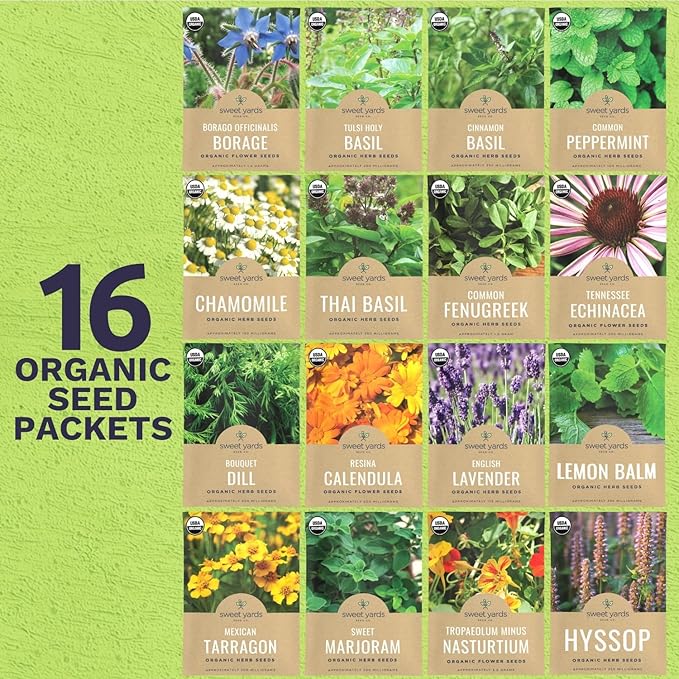 Organic Herbal Tea Seeds Variety Pack - 16 Individual Packs - 2025 Season - Mint, Lavender, Chamomile and More! for Indoor & Outdoor Planting (Non-GMO, Certified Organic)