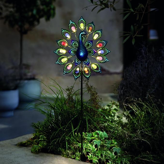 Outdoor Wind Spinner, Solar Garden Lights Metal Peacock Garden Decor,Solar Stake Lights Decorative for Patio Pathway Yard Decoration Mothers Day Ideal Gifts（Peacock Opens its Tail）