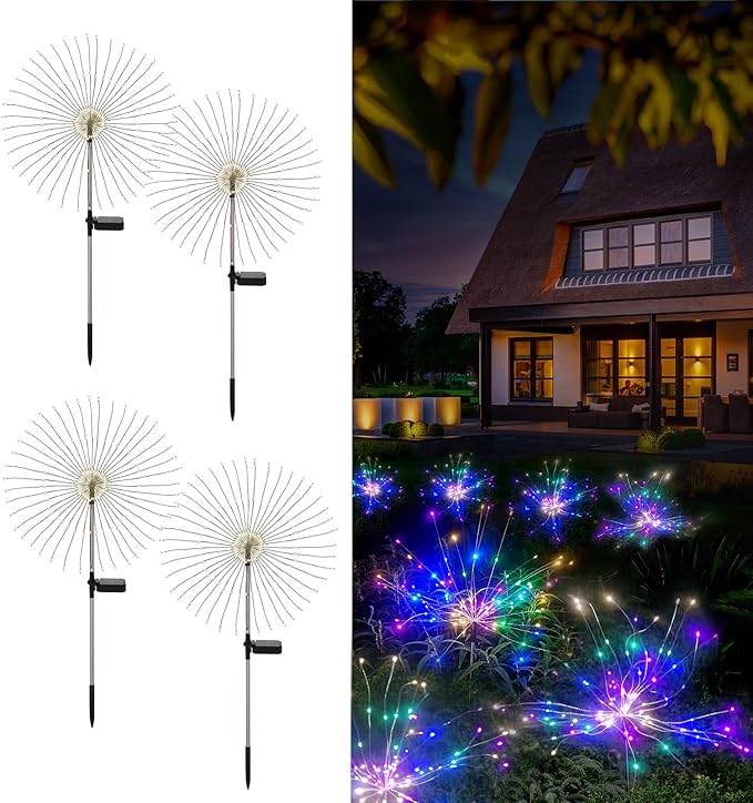 solar fireworks lights for outside, 150LED 8 Modes Fireworks Solar Lights Outdoor, Fairy Garden Flowers Lights for Yard Pathway wedding Party Christmas Diwali Garden Decor 4Pack (Multicolor)