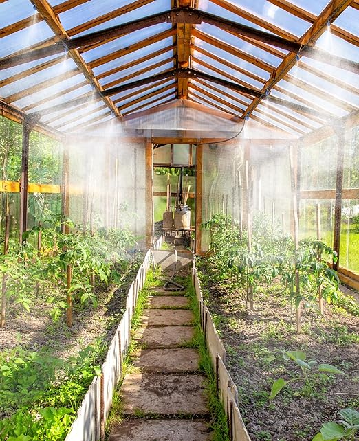 HIRALIY 118FT Greenhouse Mist Drip Irrigation Kit, Hanging Plant Watering, Garden Watering System with 1/4" Blank Tubing and Misting Nozzles, Quick Connector Design Automatic Irrigation System