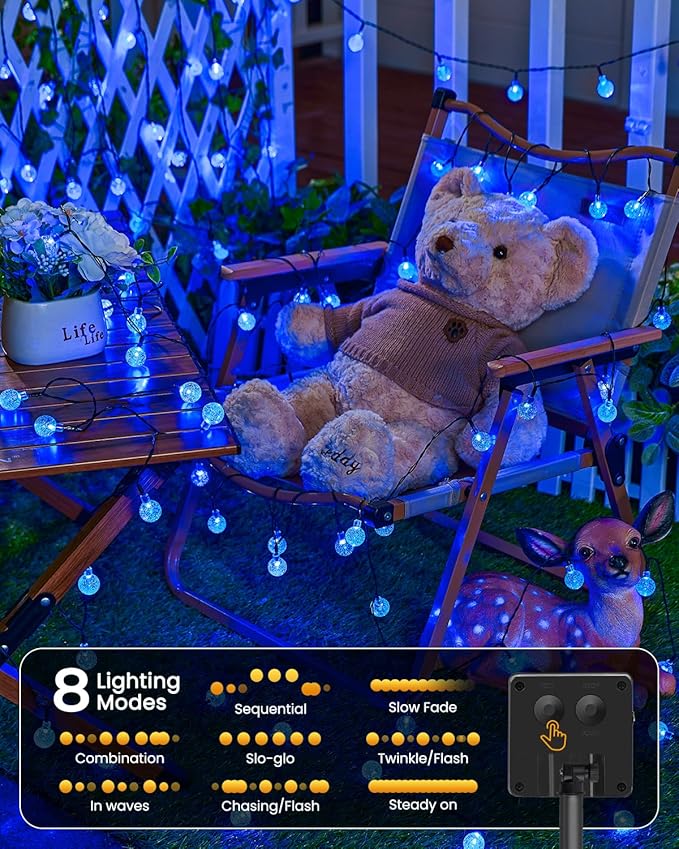 Brightown Solar String Lights Outdoor 60 Led 35.6 Feet Waterproof Solar Powered Patio Lights with 8 Lighting Modes for Garden Yard Porch Wedding Party Decor Halloween (Blue)