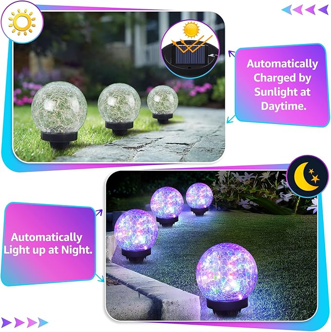 2-Pack Garden Solar Lights Outdoor, Colored Cracked Glass Ball Light Waterproof, Decorative Solar Powered Globe Lighting Multicolor for Yard