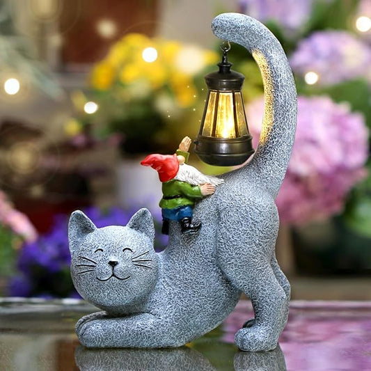 Cat Statue Garden Decor with Funny Gnome Figurine & Solar Lantern, Motherday Gifts for Mom,Birthday Gift for Women,Cat Statues for Garden,Patio,Yard Decoration, Gray, SR-C-003