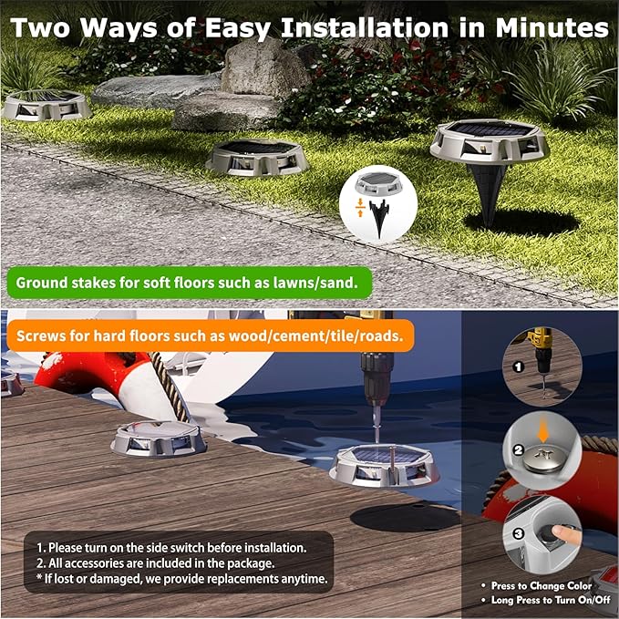 4Pack Aluminum Alloy Solar Driveway Lights, IP68 Solar Deck Light Marine Dock Lights Outdoor Waterproof, Multi-color LED Driveway Markers for Walkway, Path Decor [12Modes - Strobe/RGB/Fix-color]