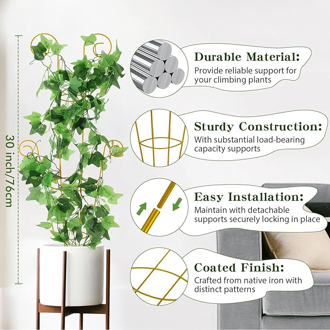 ZOUTOG Trellis for Climbing Plants Indoor 30 Inch, Houseplant Trellis for Potted Plants Metal 4Pcs for Vine Ivy Flower Support,Round Shape,Golden