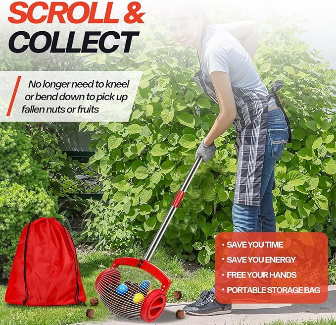 ActDoer Nut Gatherer, Walnut Picker Upper Roller, Pecan Picker Upper - Side Opening Dump | Apply to Walnut, Hickory, Chestnuts, Pinecone, Nerf Balls, Pet Toy Ball, Golf Ball, Objects Size 3/4'' to 3''