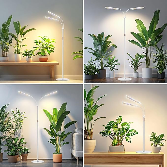 Grow Lights for Indoor Plants with Stand, 2-Heads Full Specturm Plant Grow Light with 4/8/12/16H Timer, 3 Color Modes, 360° Flexible Gooseneck, 24-68.7in Hight Adjustable Plant Growing Lamp