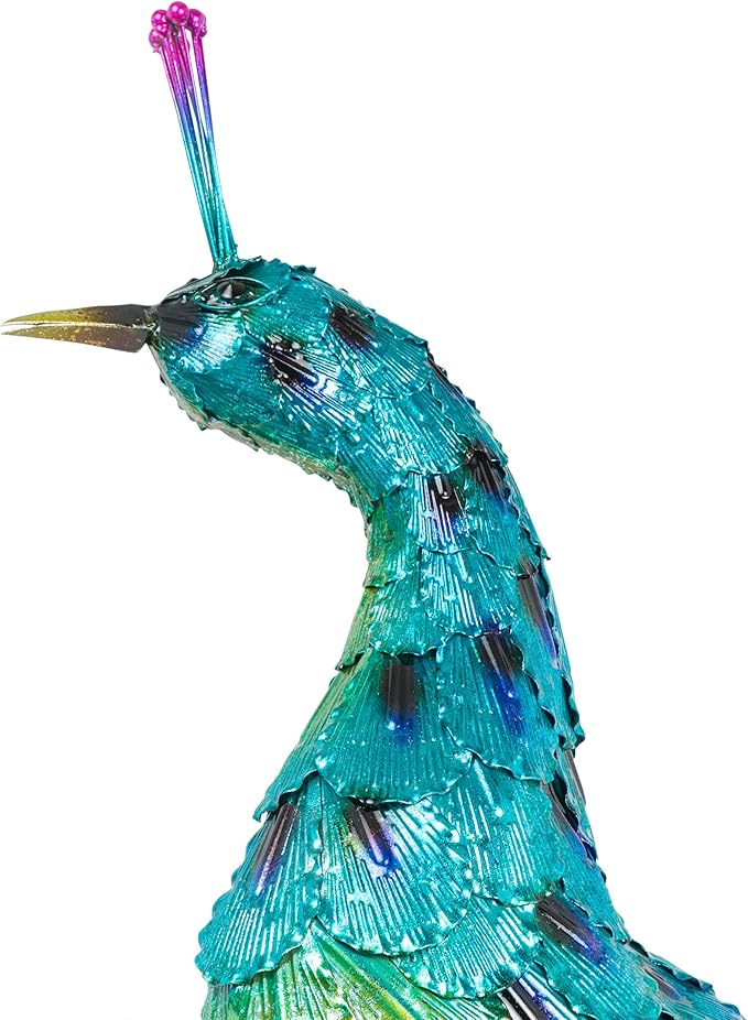 Alpine Corporation HEH378 Metal Jumbo Sized Majestic Peacock Decor, Elegant Garden & Patio Bird Statue, 33" H, Blue