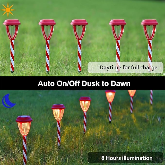 Dynaming 10Pack Solar Christmas Garden Lights, Outdoor Solar Powered Solar Candy Cane Pathway Markers, Waterproof & Auto On/Off Xmas Decorative Lights for Patio Yard Walkway Driveway Decor, Warm White