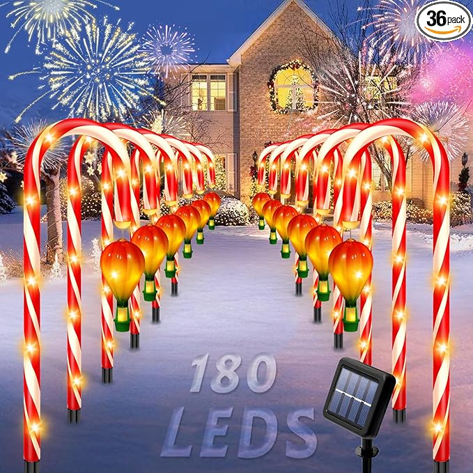 12 Pack Outdoor Solar Christmas Decorations, 180 Bright LED Solar Candy Cane Christmas Lights 8 Lighting Modes, Waterproof Outside Xmas Decorations with Lantern Decor Lights for Pathway Yard Garden
