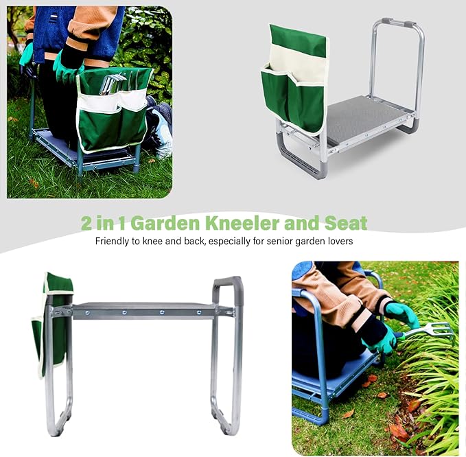 BESTHLS Garden Kneeler and Seat, Foldable Garden Stool Heavy Duty Gardening Bench for Kneeling Sitting to Prevent Knee & Back Pain, Tool Pouch Gloves Included Ideal for Women Seniors Mom Dad