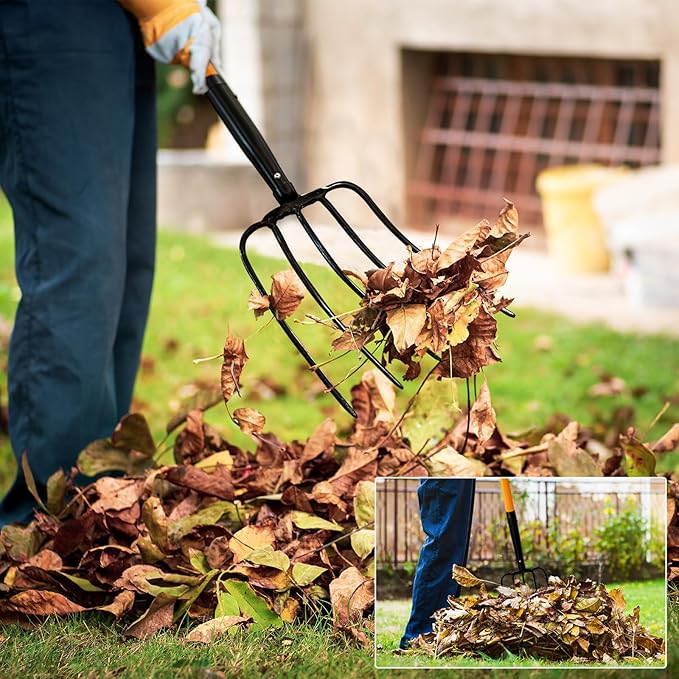 5 Tine Pitchfork for Gardening, Heavy Duty Pitchfork with Fiberglass Handle, Garden Fork for Mulching, 58 Inches