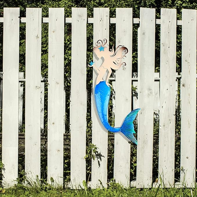 John's Studio Mermaid Wall Decor Outdoor Metal Fish Bathroom Hanging Art Glass Blue Ocean Theme Decorations for Home, Pool and Patio