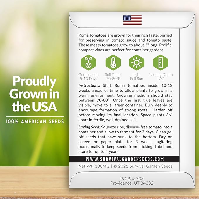 1 Pack Roma Tomato Seeds for Planting with Instructions to Grow Italian Roma Tomatoes in Your Home Vegetable Garden - Canning Favorite - Non-GMO Heirloom - Survival Garden Seeds