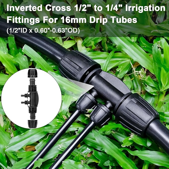 1/2 to 1/4 Drip Irrigation Fittings,4-Ways Barbed Tee 1/2 inch Drip Irrigation Tubing (1/2" ID x0.6-0.63" OD) 16mm to 1/4 inch Irrigation Tube Fitting Anti-Drop Barbed Connectors,12Pcs