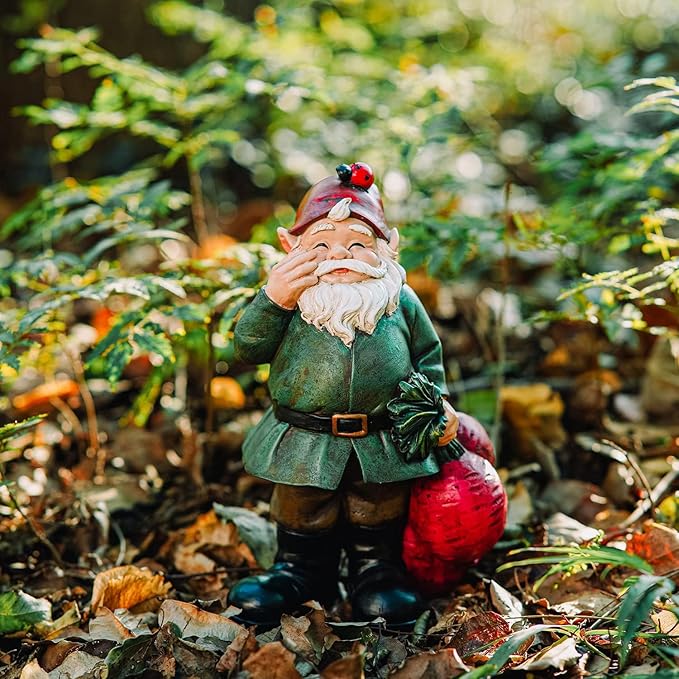 Topadorn Gnomes Figurine Resin Sculpture Garden Gnome Drag a Brunch of Radishes Statue with a Ladybug for Outdoor Garden Decor, Radish Harvest 10 Inch