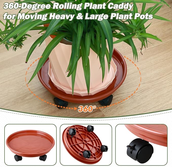 6 Packs Plastic Plant Caddy with Wheels 11.8" Plastic Rolling Plant Stands Heavy-Duty Plant Dolly with Casters Indoor and Outdoor Plant Roller Base Wheels, Rust Red
