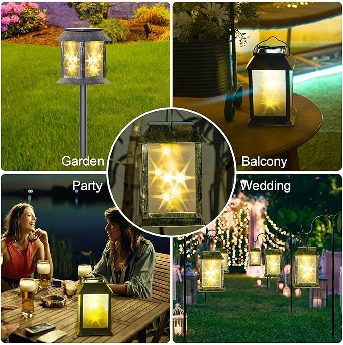 2 Pack Solar Lanterns Outdoor Waterproof, 3D Hanging Solar Lights, Type-C Rechargeable LED Pathway Lights with 2 Modes (Steady & Flashing), for Garden Decor, Patio, Yard, Camping