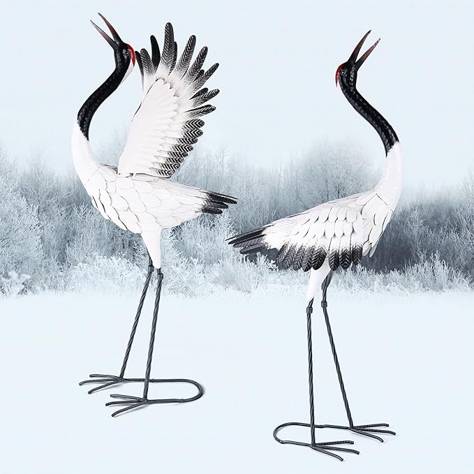 chisheen Crane Garden Statues Outdoor Metal Heron Yard Art Crane for Garden Sculptures Patio Lawn Ornaments,Set of 2