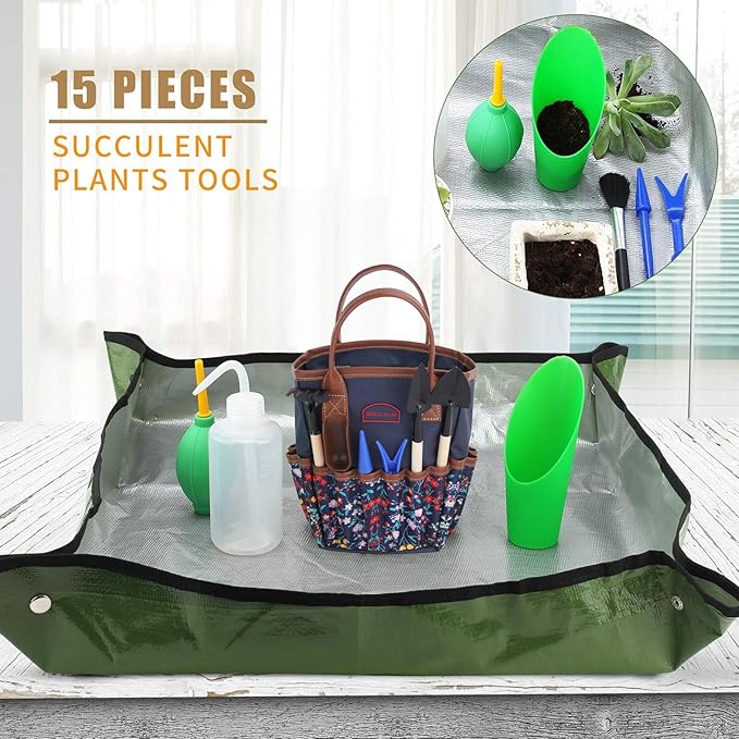 G GOOD GAIN Garden Succulent Kit with Organizer Bag, Indoor Mini Hand Gardening Tool Set, 14 Pieces Tools for Bonsai Planter Miniature Fairy Planting Care(Blue)