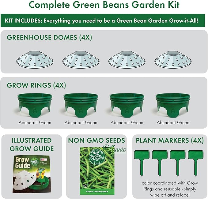 Beans Garden Kit with Grow Rings, Greenhouse Germination Domes, Seeds, Markers, Instructions – Gardening Gift for Mom, Teachers, Women, and Men – Made in USA