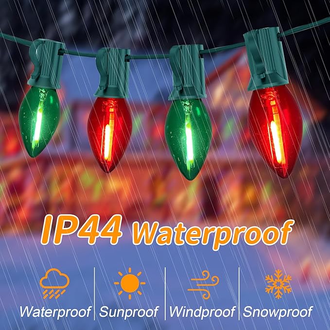 Abeja 25Ft Christmas Lights Multicolor, C7 Red Green Vintage Christmas Lights with 27 Glass Bulbs, Hanging Outdoor String Lights for Holidays, Christmas Prom Party Wedding Decor, Red/Green