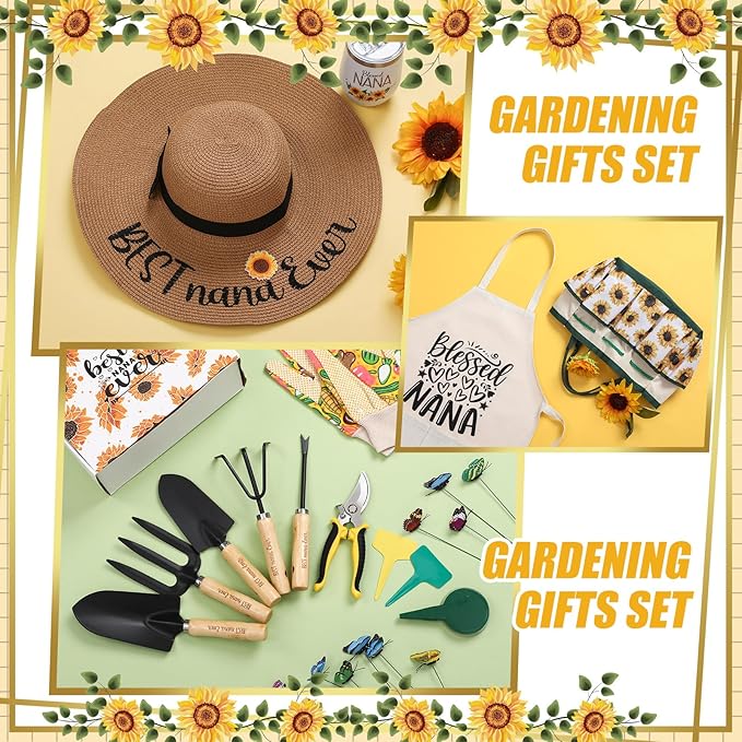Lasnten 16 Pcs Gardening Tools Set Nana Gifts Birthday Gifts for Nana Grandma with Gloves Apron and Hat Tote Bag Insulation Cup Blessed Nana Ever Gifts Set for Plant Lover from Grandkids Grandson