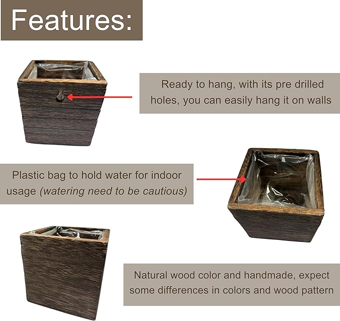 LaLaGreen Wood Planter Boxes (4 Pack, 4x4 Inch) Small Square Wooden Wall Mounted Flower Pot for Indoor Plants, Window Box Mount Hanging Herb Planters Outdoor Plant Holder Vertical Garden Home Decor