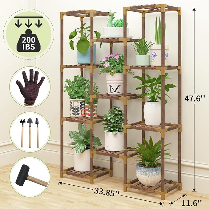 HOMKIRT Plant Stand Indoor Outdoor, 11 Tier Reinforced Plant Shelf Tall for Multiple Plants, Large Wood Plant Rack Holder, Garden Shelves, Flower Stand for Living Room Patio Corner