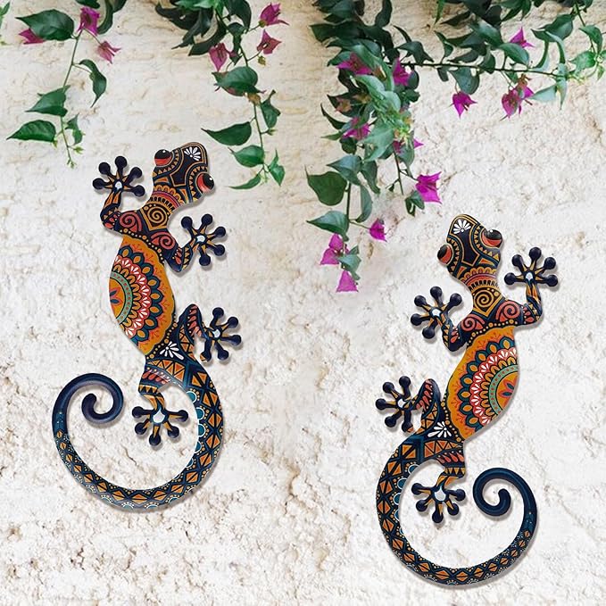 LIFFY Metal Lizard Gecko Wall Art - 2 Pack 15 Inch Metal Wall Decor, Lizard Outdoor Hanging Glass Sculpture Decoration for Yard Garden Art, Patio Fence Home, Unique Gift Ideas