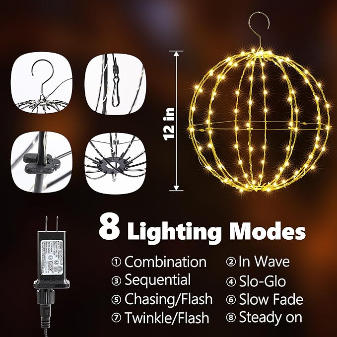 Outdoor Decorations Hanging Ball Lights 2PCS - 12 Inch Connectable Hanging Tree Globe 120 LED Fairy Lights with 8 Lighting Modes,Timing Function Waterproof Indoor Outdoor (Warm White, 2pcs)