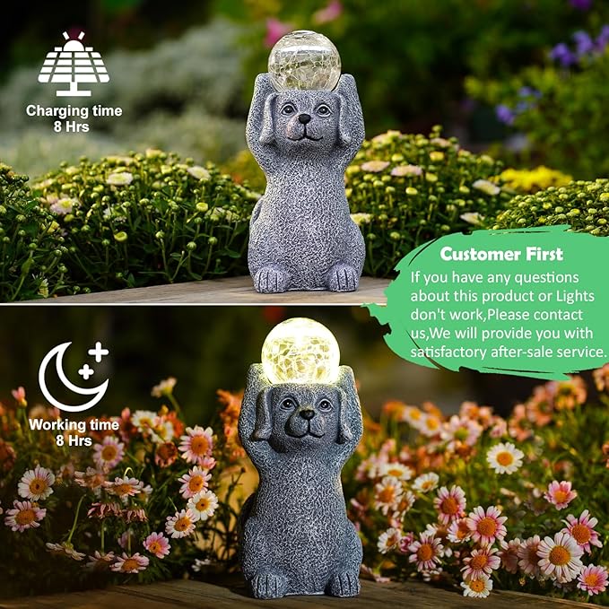 Solar Cute Dog Statue Holding Cracked Glass LED Lights – Funny Resin Dog Decor Garden Decorations for Patio,Balcony,Yard,Birthday Gifts for Women Mom