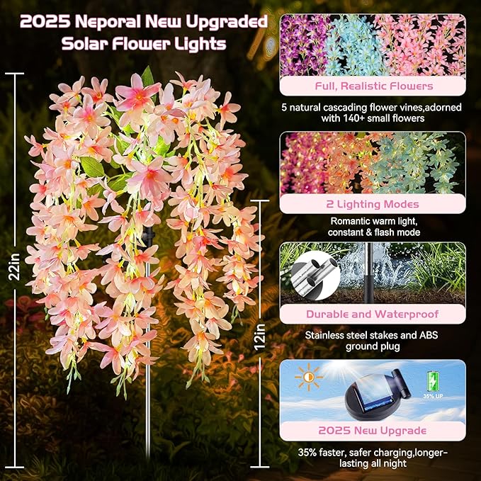 Neporal Solar Flowers Outdoor Waterproof IP65, 5 Lilac Flower Vines with 140+ Flowers, Warm Light & 2 Lightning Modes, 3PK Blue/Pink/Purple Solar Garden Lights Outdoor for Garden, Yard, Pathway Decor