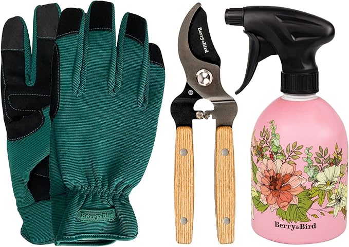 Berry&Bird Garden Tool Set, 3 PCS Gardening Tool Kit Includes Rose Pruning Thorn Proof Gloves, Pruning Shears with Wooden Handle and 17 Oz Pink Spray Bottle for Planting & Pruning Roses, Bonsai