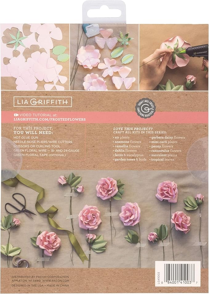 Lia Griffith Frosted Paper Flowers Garden Roses & Buds, 8.5" x 11", Assorted Colors 16 Pages