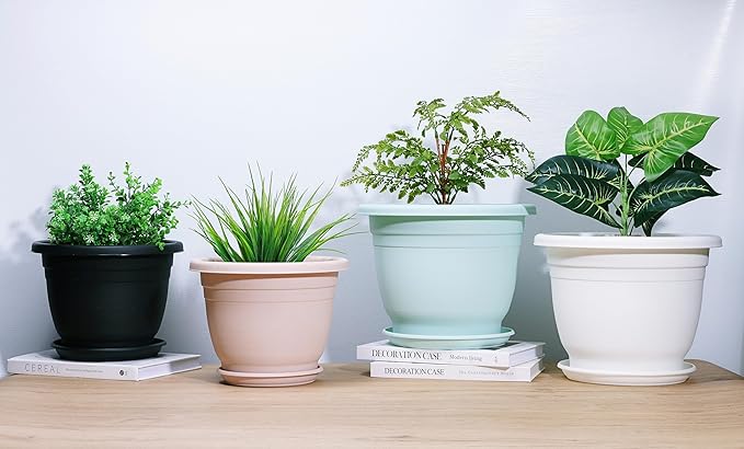 5 Packs 12 inch Flower Pots + Saucer, Planters for Indoor & Outdoor Plants with Drainage Holes | Plastic Flower Pots, Large Planter (White, 12 inch)